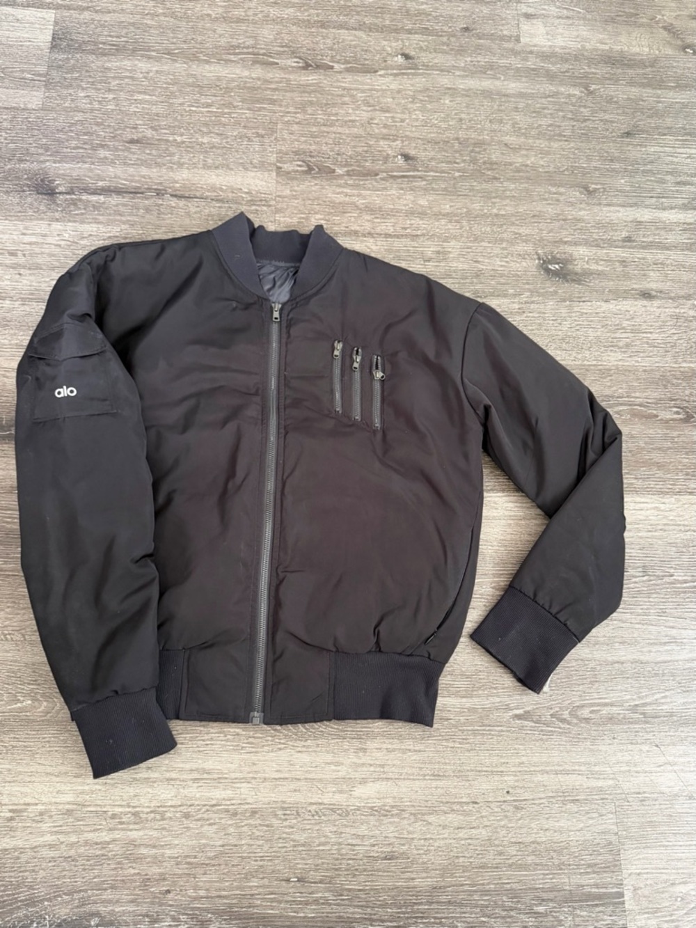 ALO Yoga Black Bomber Jacket with Zip Chest Pocket